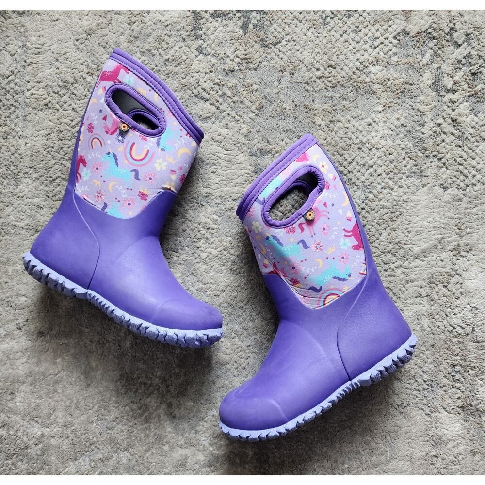 Bogs Durham Youth Size 2 Rain Boots Unicorn Waterproof Purple Kids